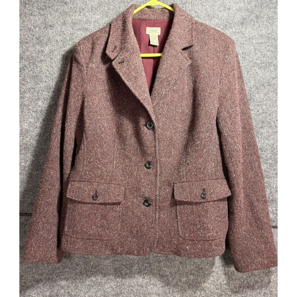 L.L. Bean Burgundy Tweed Blazer Jacket Women's Large Wool Blend Career Office